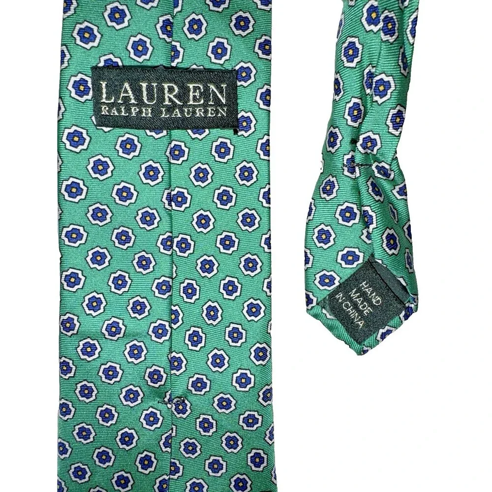 Lauren Ralph Lauren Green Silk Tie Floral Geometric Pattern Classic